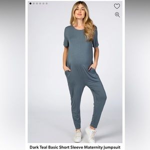 Dark Teal Short Sleeve Maternity Jumpsuit with Pockets